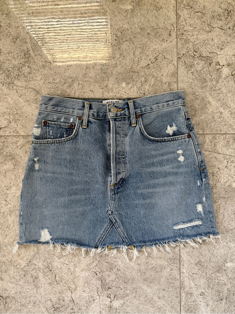 Agolde Distressed Light Blue Denim Mini Skirt size 26